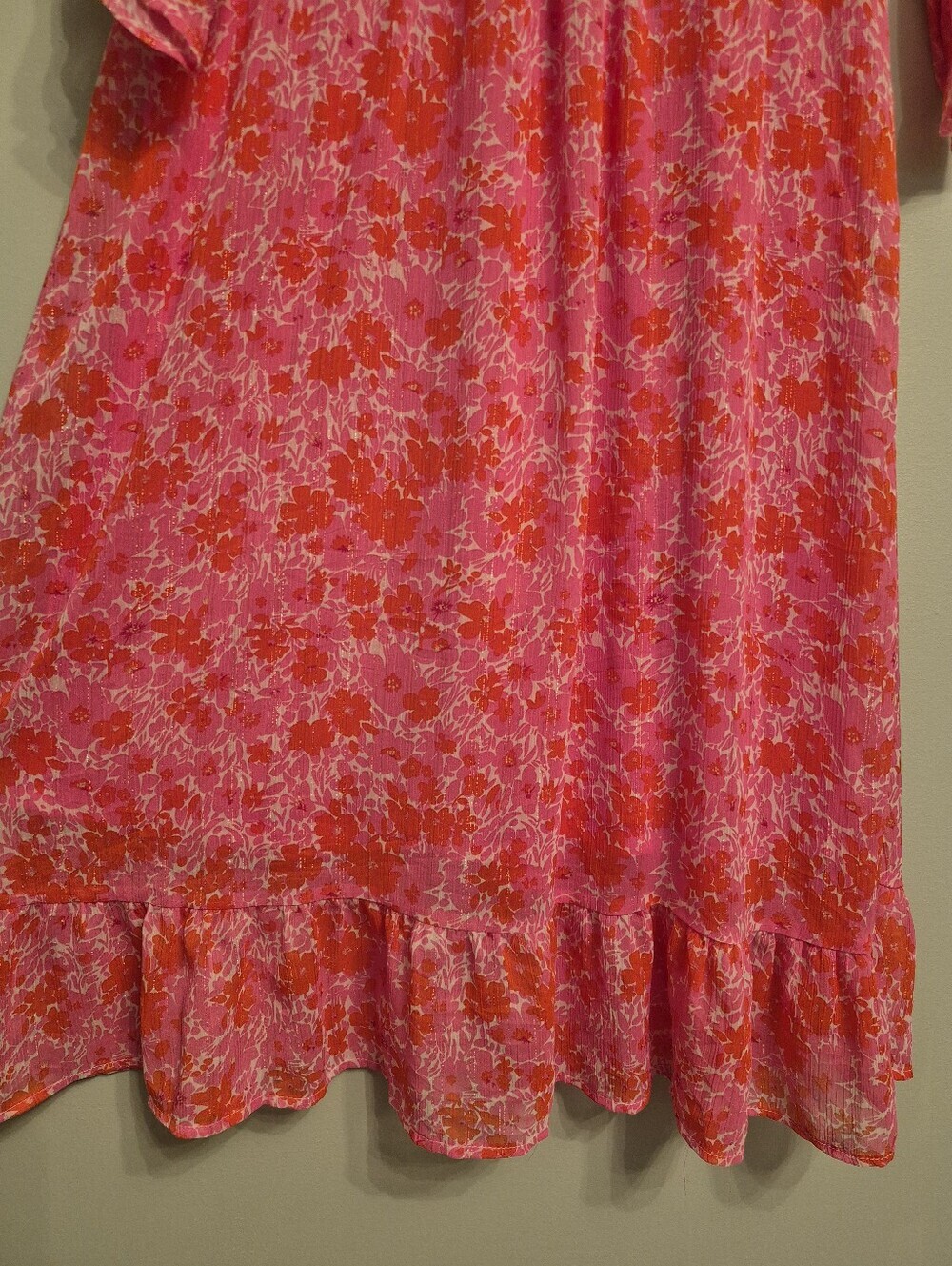 Axara Paris Women's Pink Metalic Floral Ruffle Hem Midi Dress Size Large - Picture 7 of 8